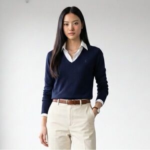 Ralph Lauren Golf Vintage Navy 100% Cotton V-Neck Sweater Embroidered Pony Logo